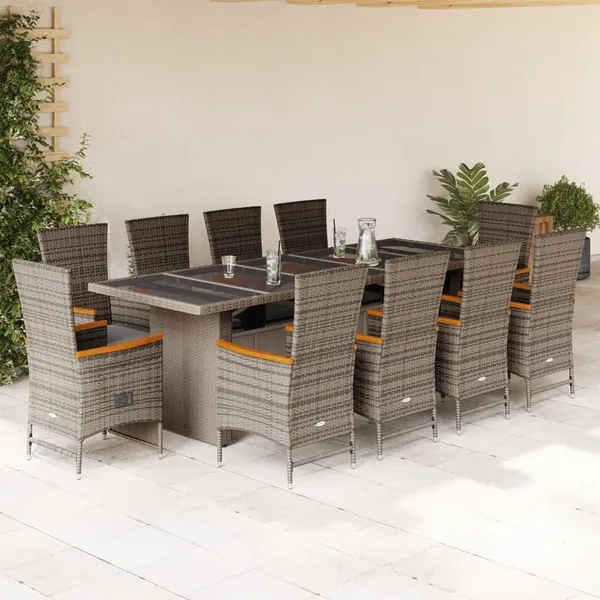 Ensemble à manger de jardin 11pcs avec coussins gris poly rotin