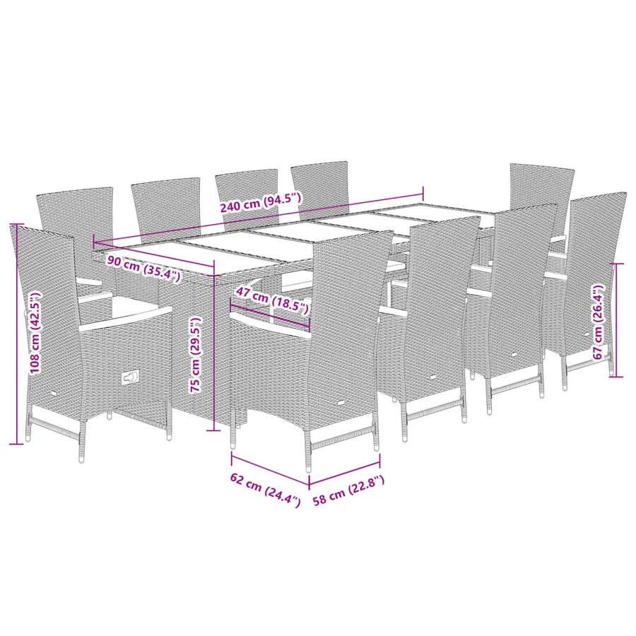 Ensemble à manger de jardin 11pcs avec coussins gris poly rotin - 8