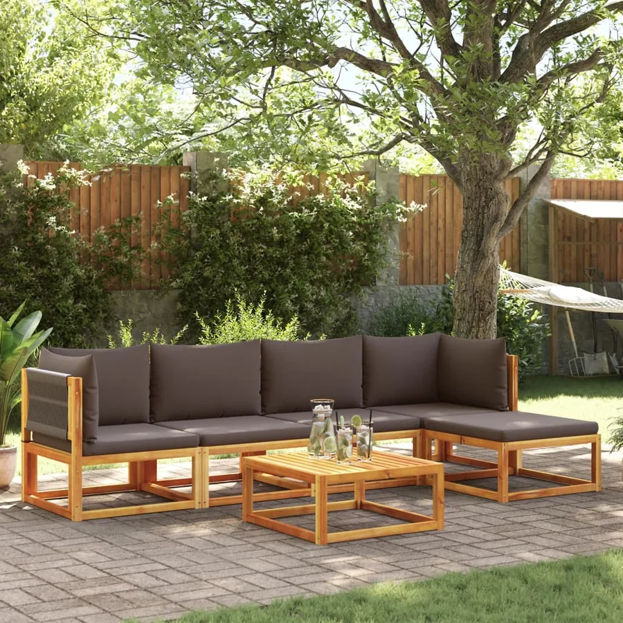 Ensemble de canapés de jardin 6 pièces avec coussins en bois d'acacia et corde