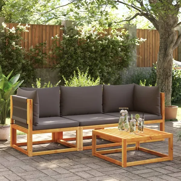 Ensemble de canapés de jardin 3 pièces avec coussins, bois d'acacia et corde,