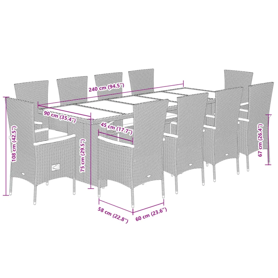 Ensemble à manger de jardin 11pcs avec coussins gris poly rotin - 7