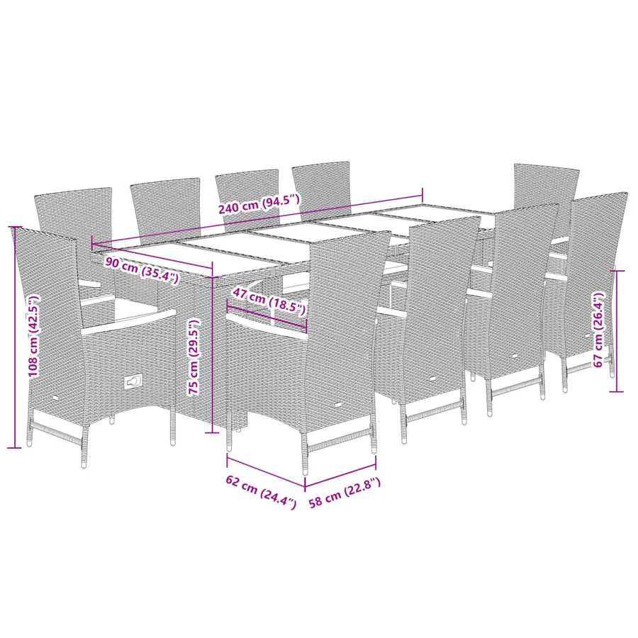 Ensemble à manger de jardin 11pcs avec coussins gris poly rotin - 7