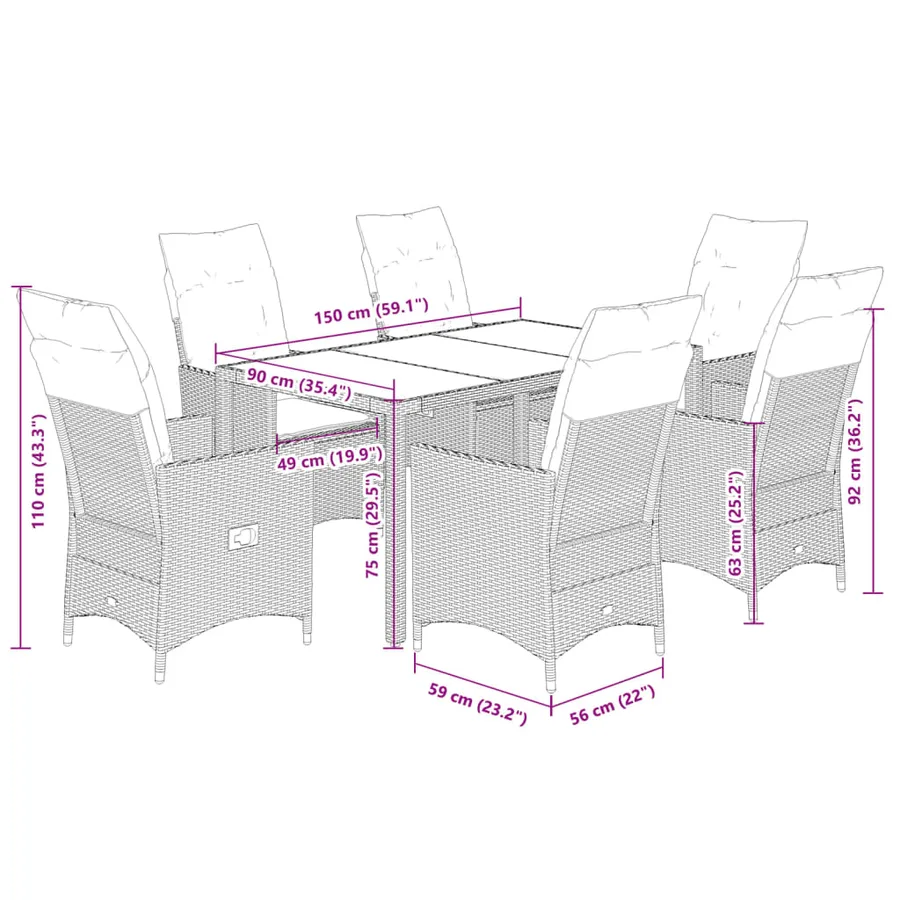 Ensemble à manger de jardin et coussins 7 pcs beige poly rotin - 7