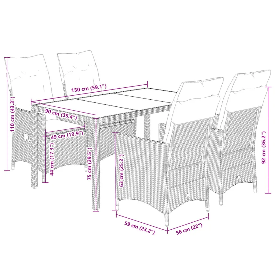 Ensemble à manger de jardin 5 pcs et coussins marron poly rotin - 7