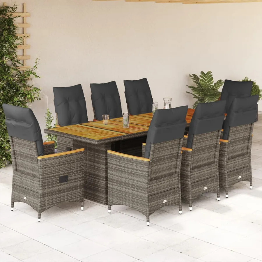 Ensemble de bistro de jardin 9 pcs coussins gris poly rotin