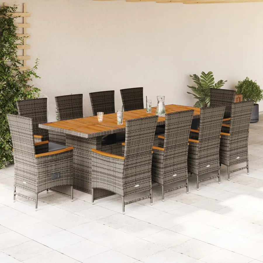 Ensemble à manger de jardin 11pcs avec coussins gris poly rotin