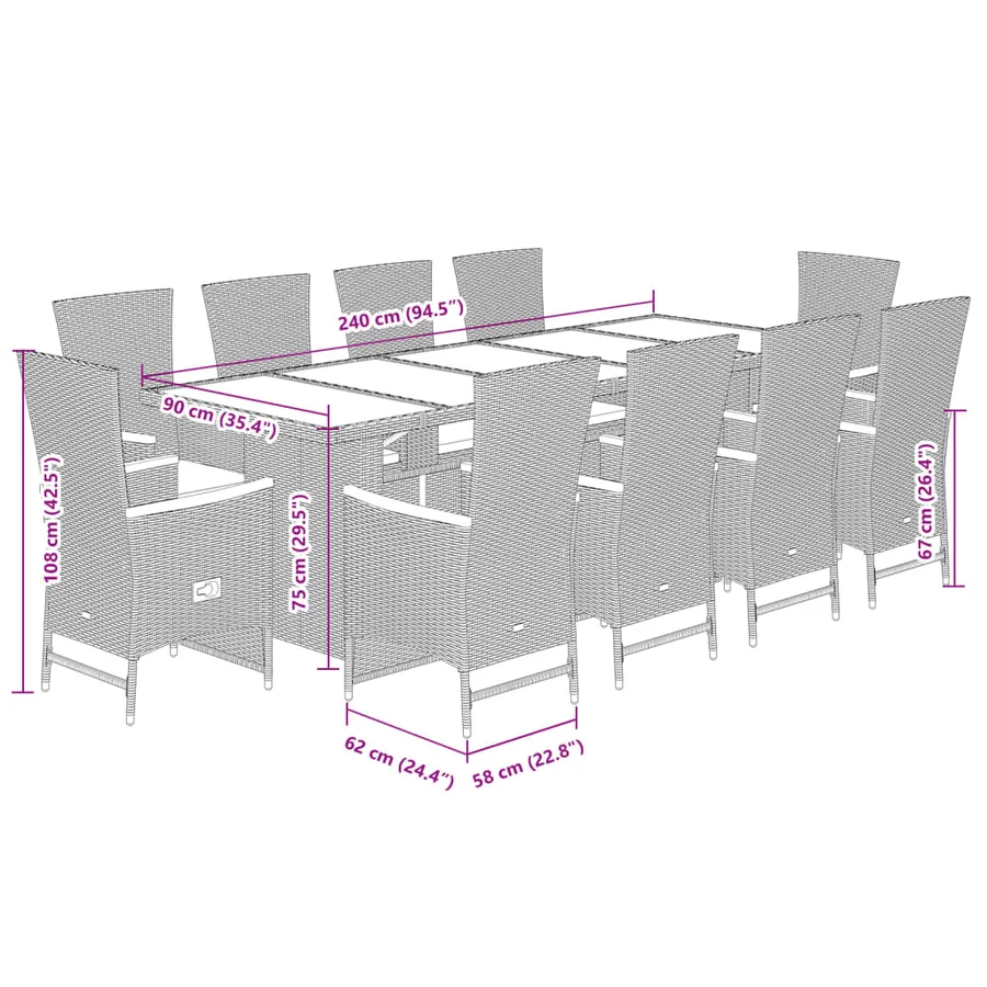 Ensemble à manger de jardin 11pcs avec coussins gris poly rotin - 7