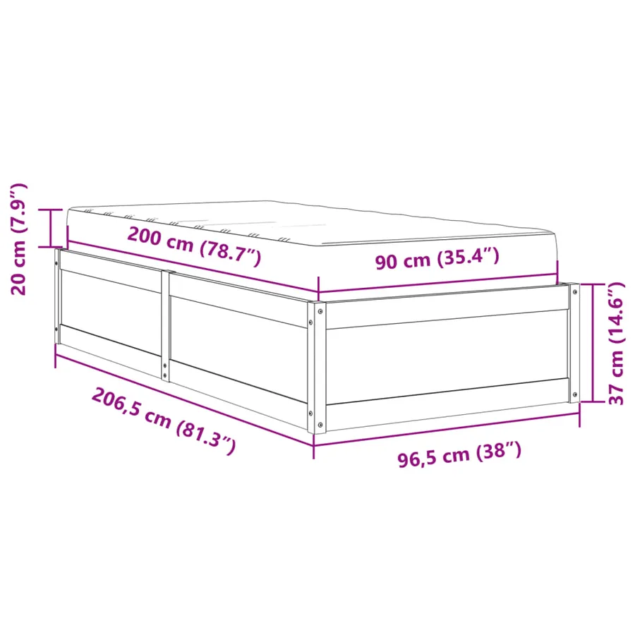 Lit avec matelas blanc 90x200 cm bois massif de pin - 13