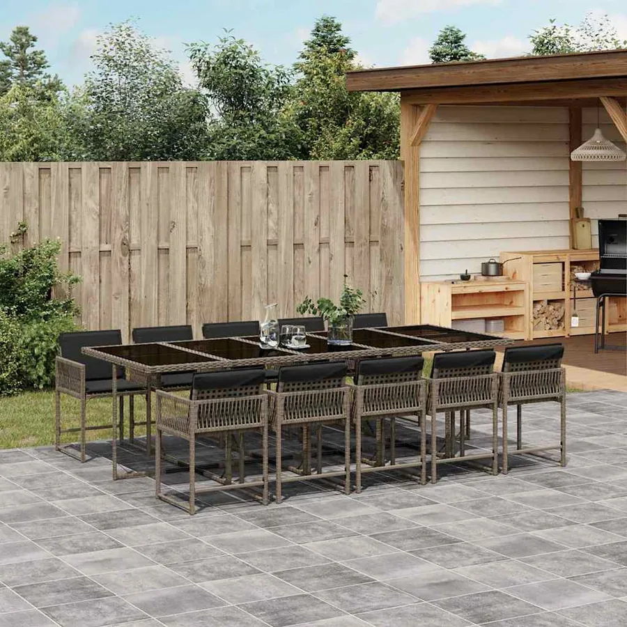 Ensemble à manger de jardin 11pcs avec coussins gris poly rotin