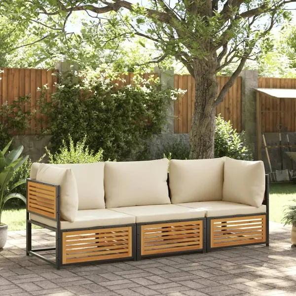 Salon de jardin avec coussins 3 pcs bois massif d'acacia
