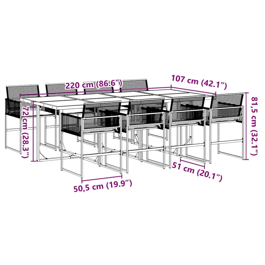 Ensemble à manger de jardin 9pcs coussins noir résine tressée - 9