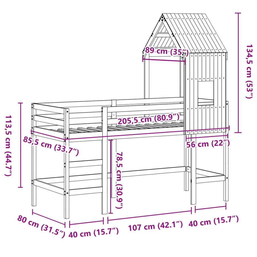 Lit superposé avec échelle et toit sans matelas 80x200 cm - 12
