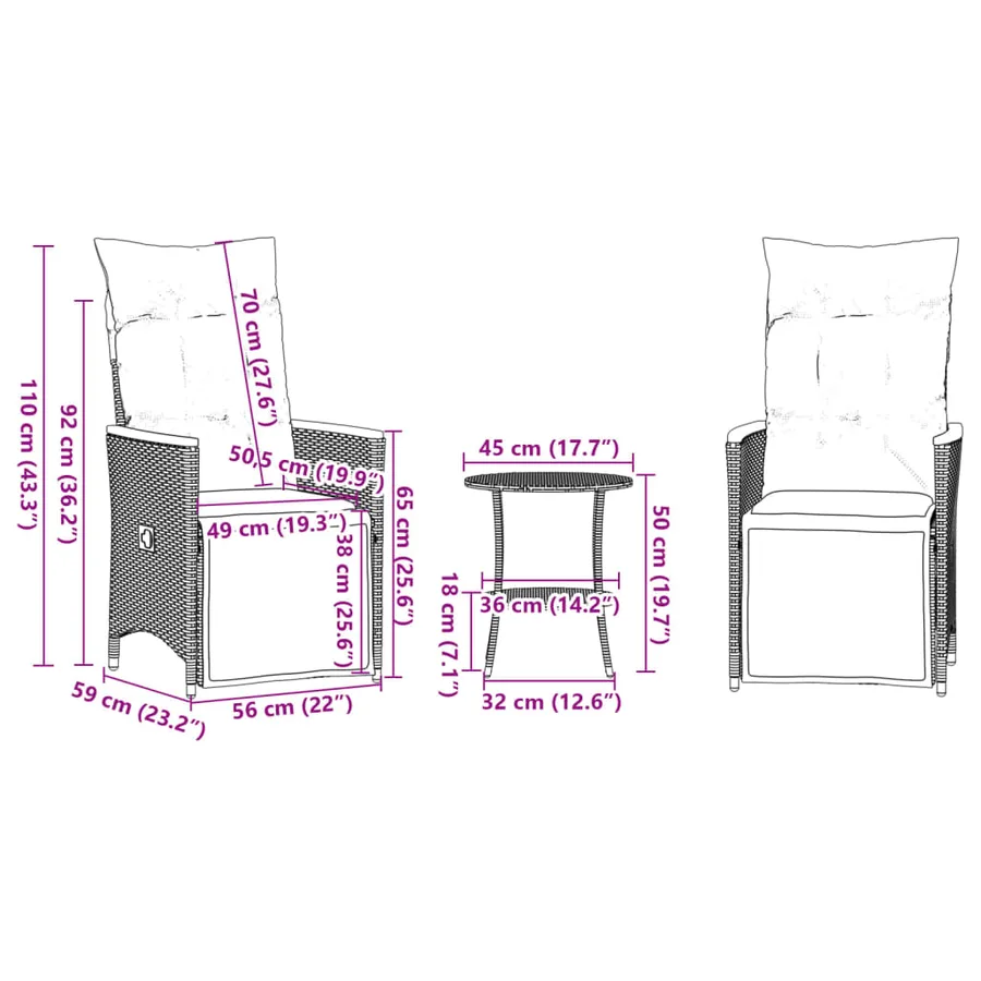 Ensemble de bistro 3 pcs avec coussins noir résine tressée - 10