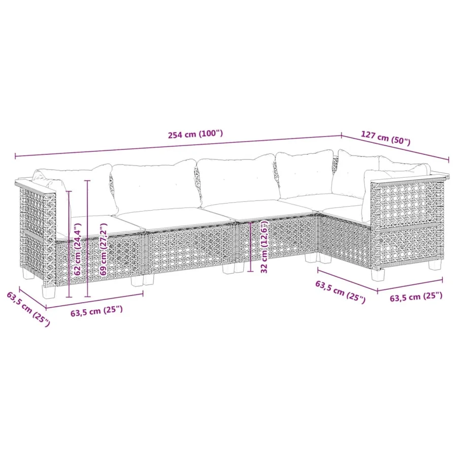 Salon de jardin 5 pcs avec coussins gris résine tressée - 6