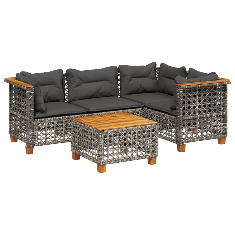 Salon de jardin 5 pcs avec coussins gris résine tressée - 2