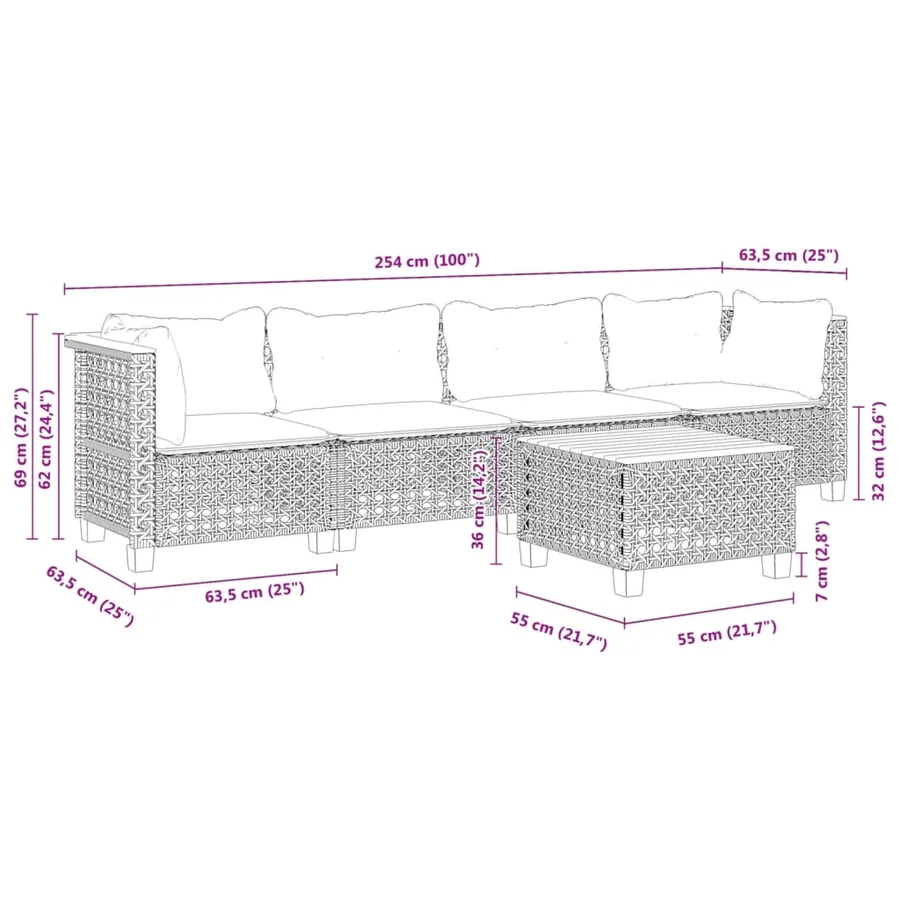 Salon de jardin 5 pcs avec coussins gris résine tressée - 8