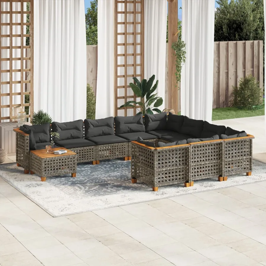 Salon de jardin 11 pcs avec coussins gris résine tressée