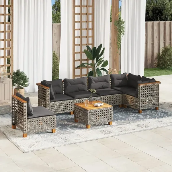 Salon de jardin avec coussins 7 pcs gris résine tressée