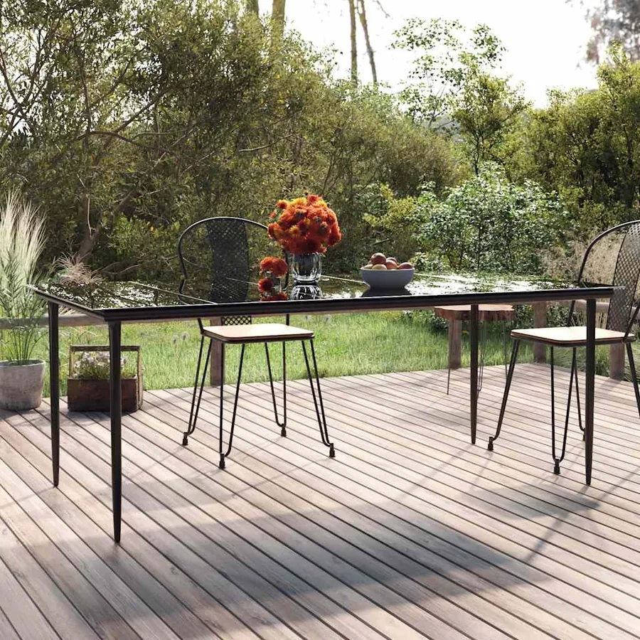 Garden dining table Black 200x100x74 cm Steel and tempered glass
