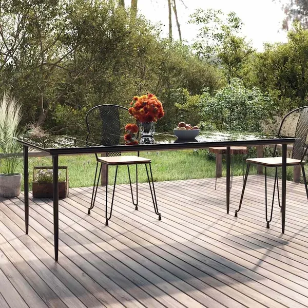 Garden dining table Black 200x100x74 cm Steel and tempered glass
