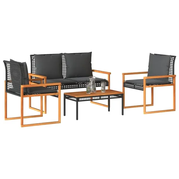 Salon de jardin 4 pcs avec coussins Noir Résine tressée