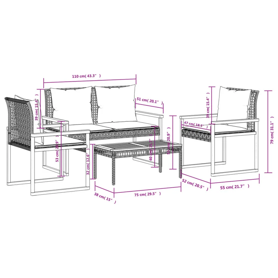 Salon de jardin 4 pcs avec coussins Noir Résine tressée - 14