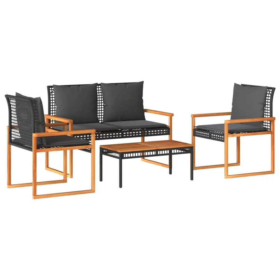 Salon de jardin 4 pcs avec coussins Noir Résine tressée - 2