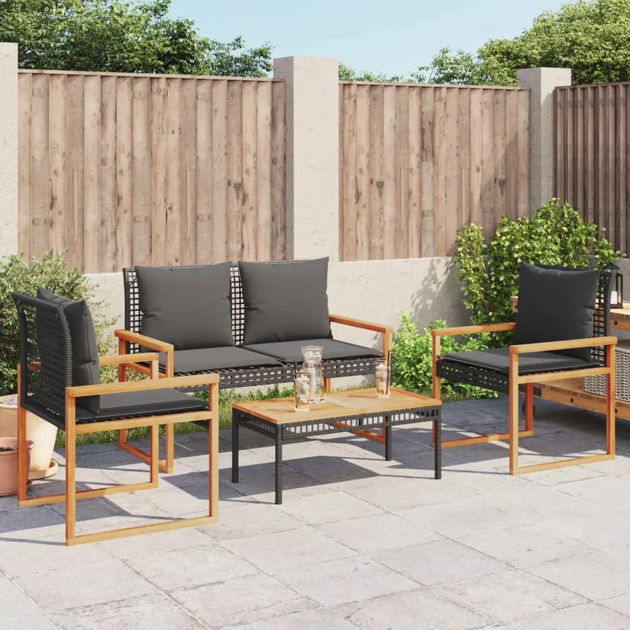 Salon de jardin 4 pcs avec coussins Noir Résine tressée - 3