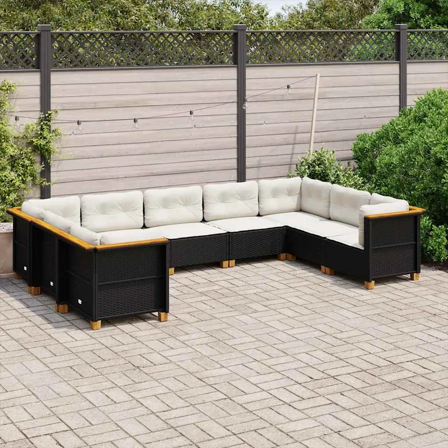 Salon de jardin 9 pcs avec coussins noir résine tressée