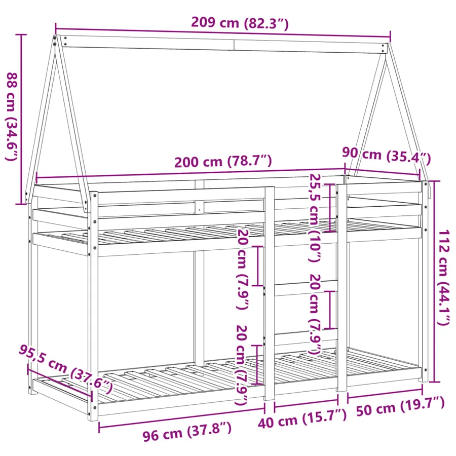 Lit superposé sans matelas blanc 80x200 cm bois de pin massif - 12