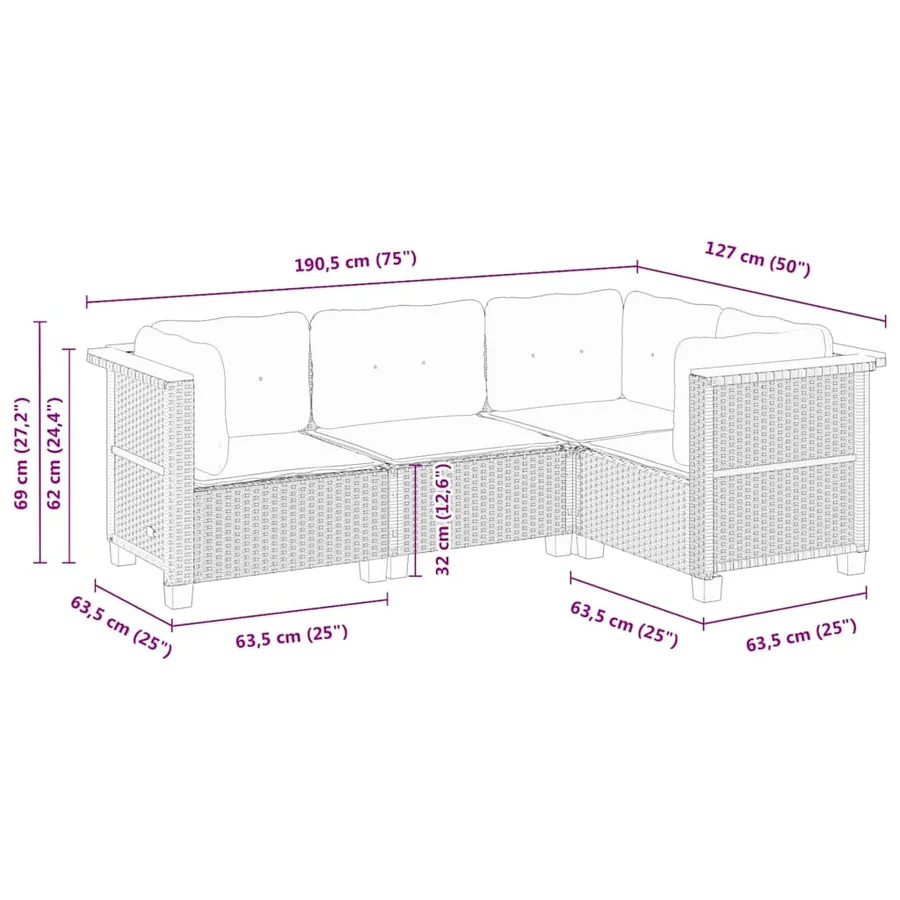 Salon de jardin 4 pcs avec coussins noir résine tressée - 6