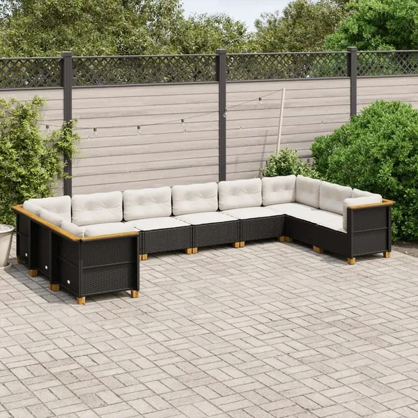 Salon de jardin 10 pcs avec coussins noir résine tressée