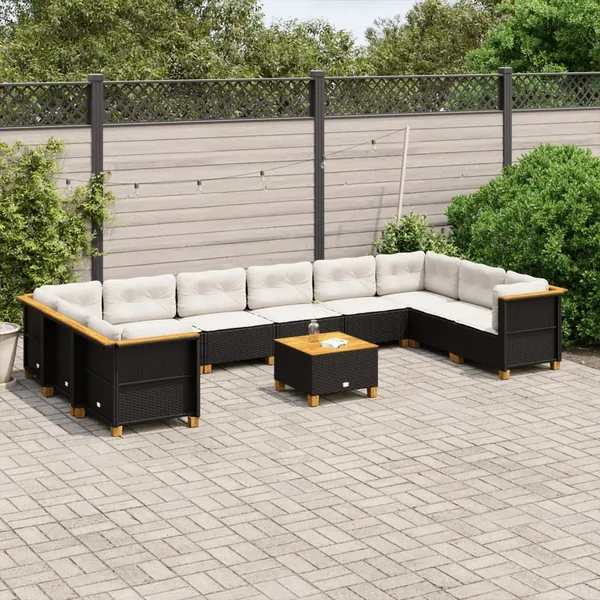 Salon de jardin 11 pcs avec coussins noir résine tressée