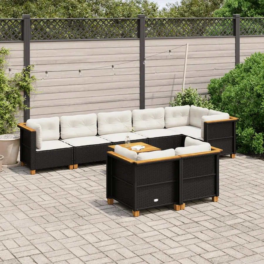 Salon de jardin 9 pcs avec coussins noir résine tressée
