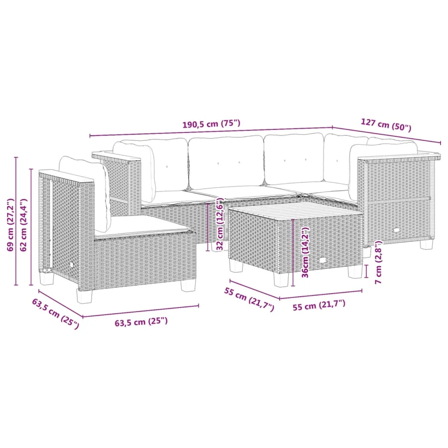 Salon de jardin 6 pcs avec coussins noir résine tressée - 8