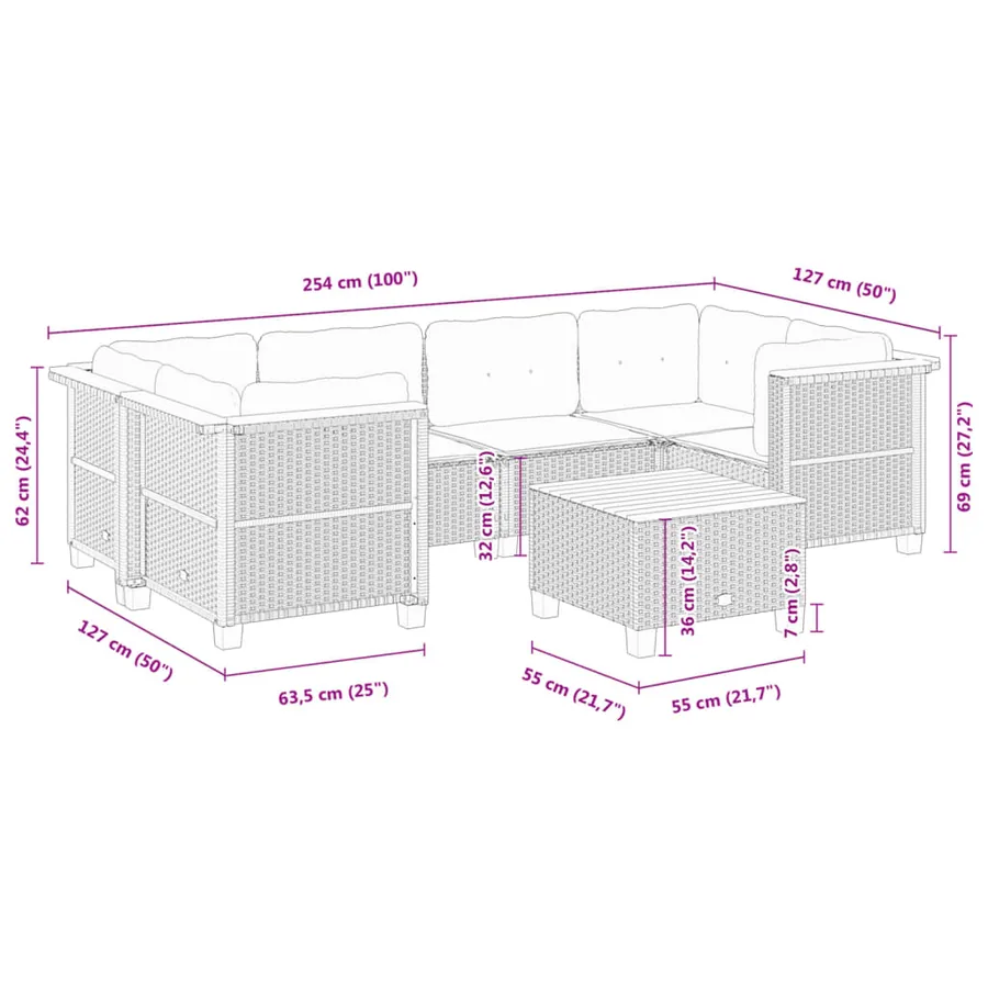 Salon de jardin 7 pcs avec coussins noir résine tressée 63,5 x 63,5 x 62 cm - 64,2 kg - 8
