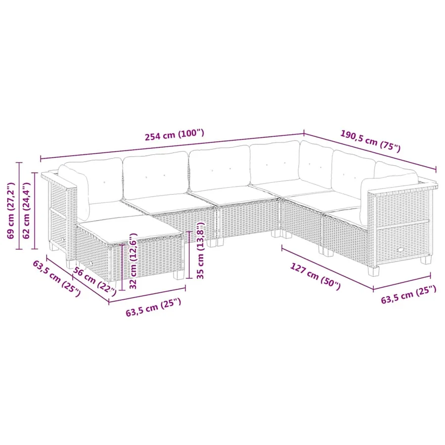 Salon de jardin 7 pcs avec coussins noir résine tressée 63,5 x 63,5 x 62 cm - 63,0 kg - 8