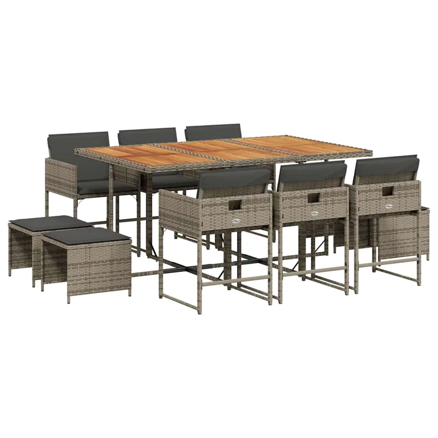 Ensemble à manger de jardin 11pcs avec coussins gris poly rotin - 2