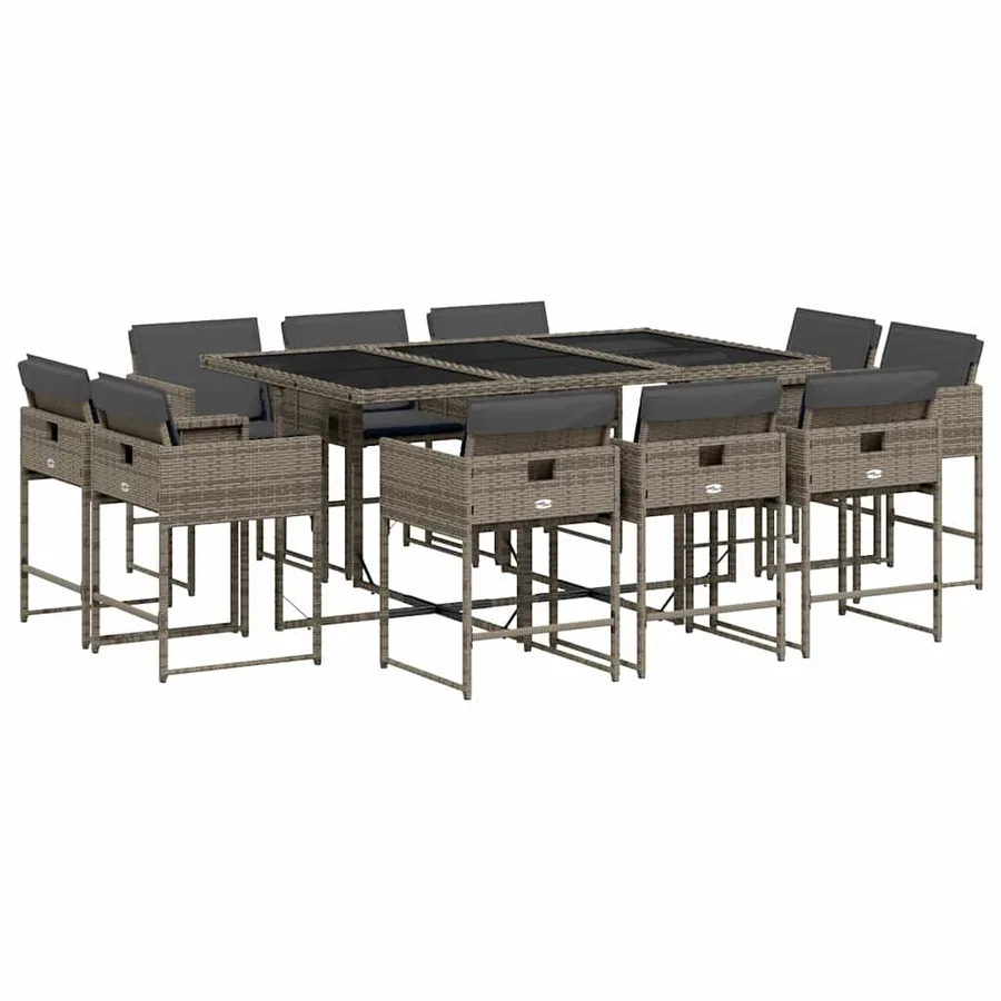 Ensemble à manger de jardin 11pcs avec coussins gris poly rotin - 2