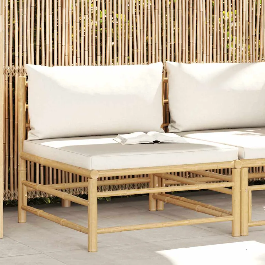 Canapé central de jardin avec coussins blanc crème Bambou