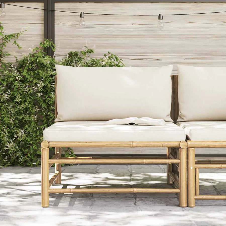 Canapé central de jardin avec coussins blanc crème Bambou - 3