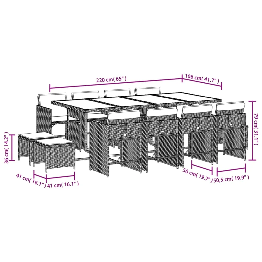 Ensemble à manger de jardin avec coussins 13 pcs marron rotin - 11