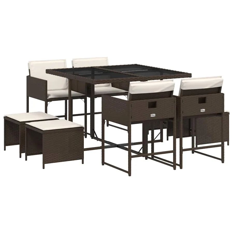 Ensemble à manger de jardin et coussins 9 pcs marron poly rotin - 2