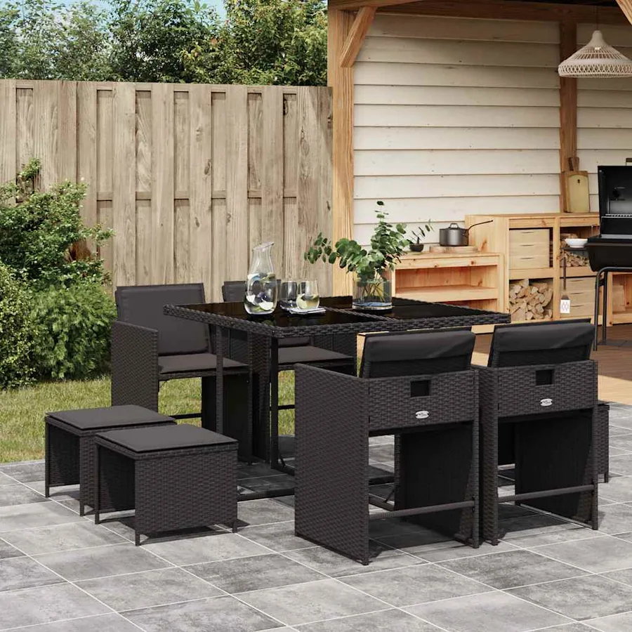 Ensemble à manger de jardin 9pcs coussins noir résine tressée