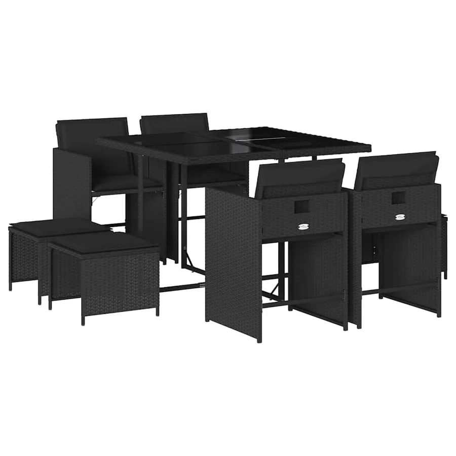Ensemble à manger de jardin 9pcs coussins noir résine tressée - 2