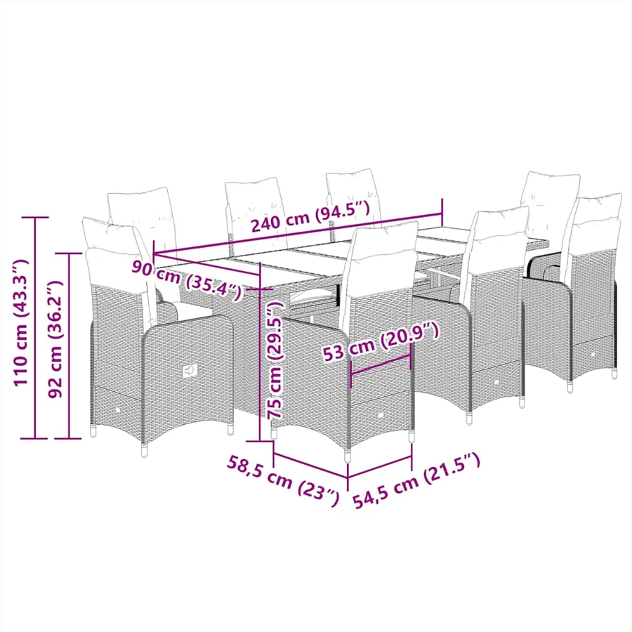 Ensemble de bistro de jardin 9 pcs coussins beige poly rotin - 7
