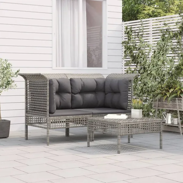Garden lounge set 3 pcs with cushions Grey Poly rattan