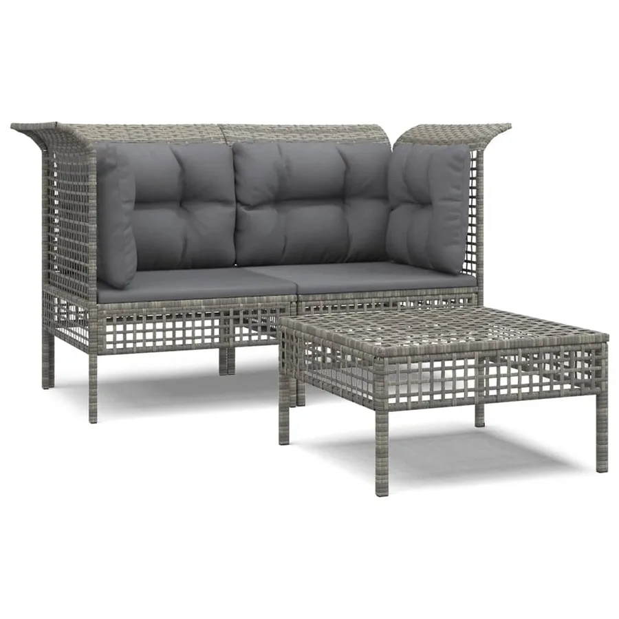 Garden lounge set 3 pcs with cushions Grey Poly rattan - 2