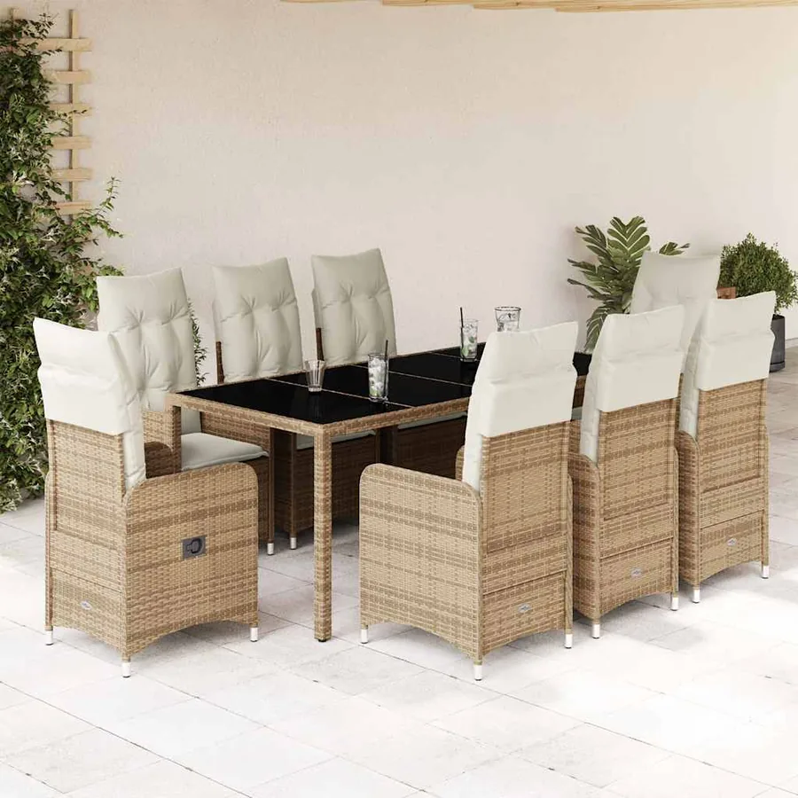 Ensemble de bistro de jardin 9 pcs coussins beige poly rotin