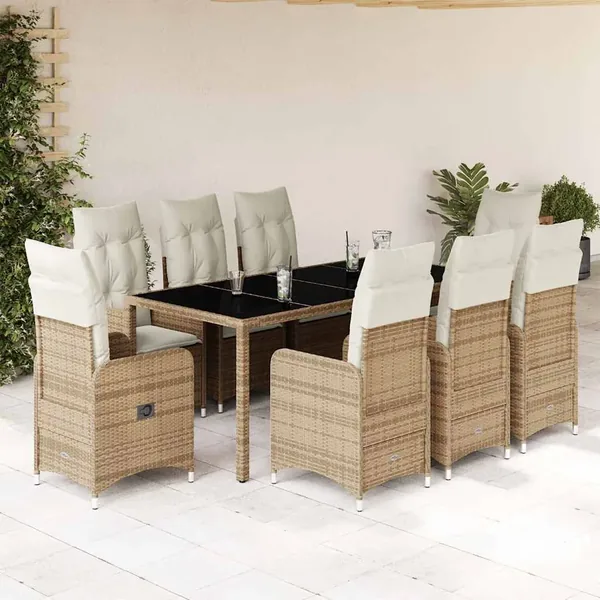 Ensemble de bistro de jardin 9 pcs coussins beige poly rotin